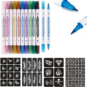 Temporary Tattoo Markers for Skin,10-Count Body Markers+80 Large Tattoo Stencils of Assorted Colors for Kids and Adults,Dual-End Tattoo Pens Bold and Fine Line with Cosmetic-Grade Temporary Tattoo Ink