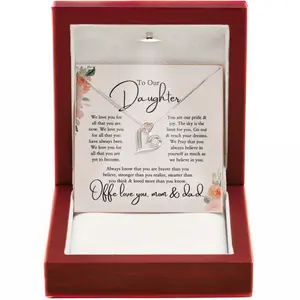 To Our Daughter Necklace Gift - 14k Gold Love Knot Pendant with Heartfelt Message from Mom and Dad for Graduation or Weddings