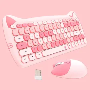 X-KBB06  Cute Cat 2.4G USB Wireless Keyboard and Mouse Combo, Silent Keys, Candy Colors, Compatible with Notebook, PC (Pink-84Keys)