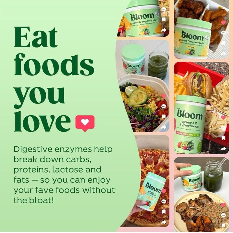 Bloom Nutrition Greens and Superfoods Powder for Digestive Health, Greens Powder, Digestive Enzymes, Probiotics, Spirulina, Chlorella for Bloating & Gut Support, Green Juice, 30 SVG, Strawberry Kiwi