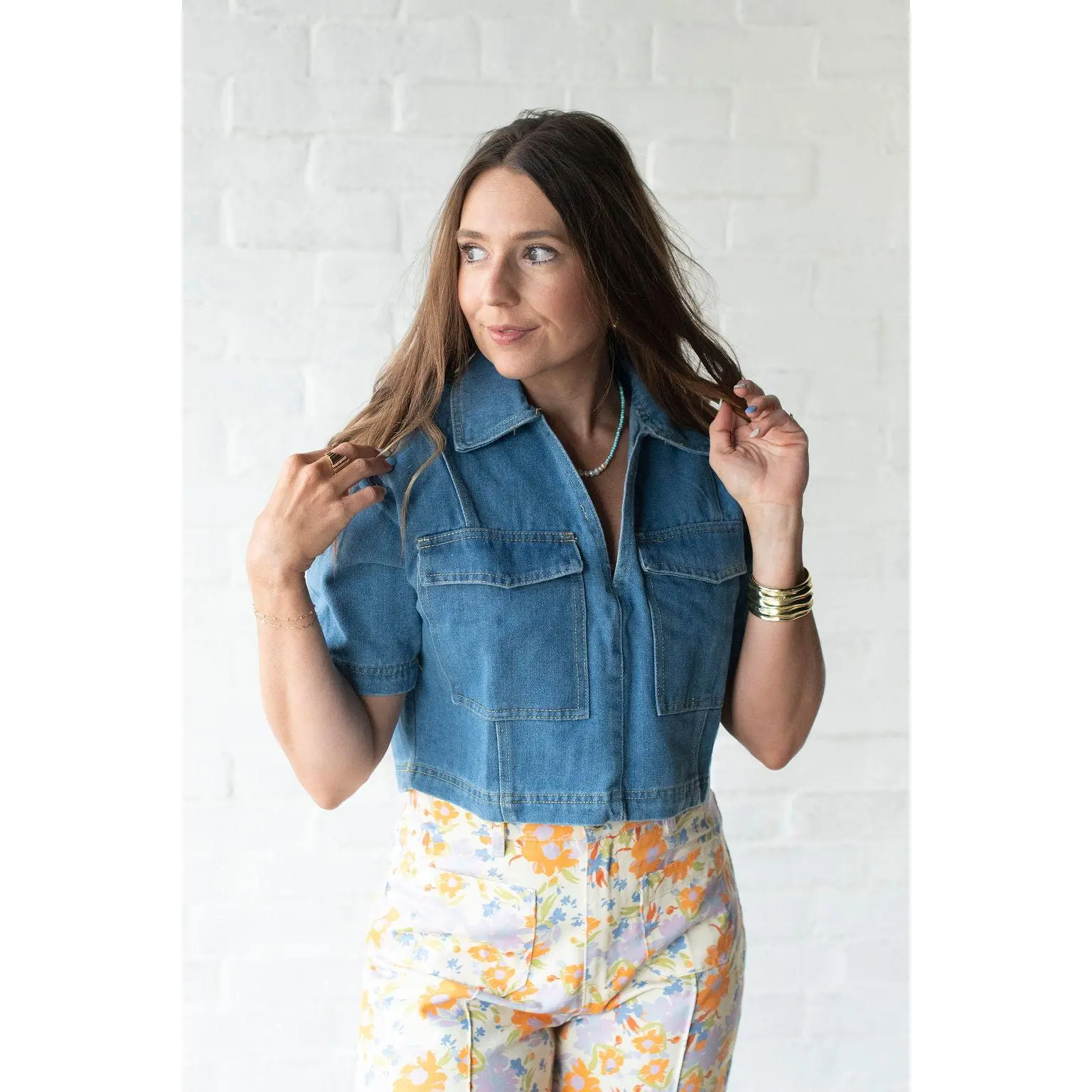 Denim V Neck Crop Shirt