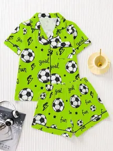 Women's Sporty Sleepwear Loungewear Set, All-Season Fitted Short Sleeve Top & Loose Shorts, Comfortable Active Style Pajama Suit Soccer Ball