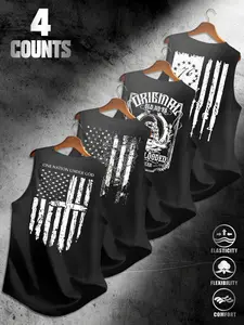 Vintage Usa Flag Design Tank Top, Men's 4-Pack Patriotic Sports T-Shirts, Sleeveless, Breathable, Street Style, Summer Fashion