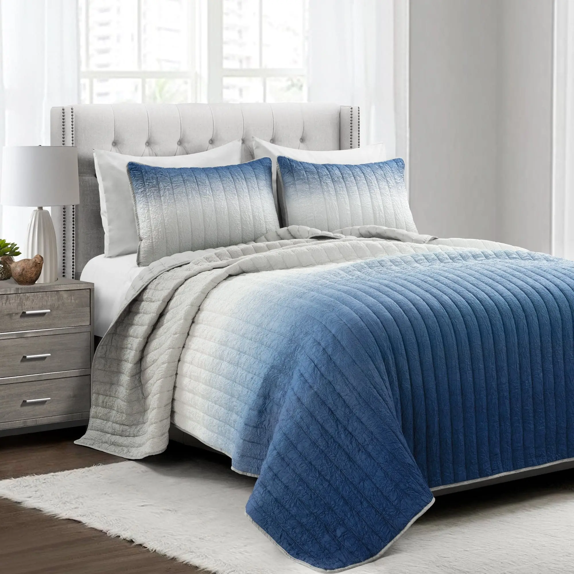 Lush Decor Crinkle Ombre Oversized Quilt 3 Piece Set Full/Queen/King Quilted Pattern, Machine Washable Bedding