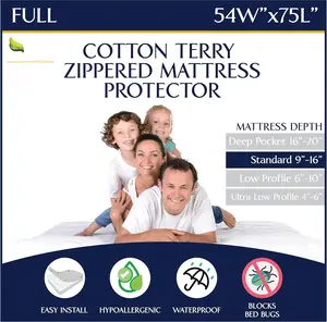 Zippered  Mattress Encasements -  Mattress Protector Cover with Soft  Terry Fabric Top - Full Size 54' x 75"