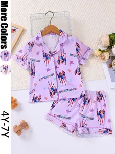 Fire Retardant Fabric Sleepwear Set, Cute Cartoon Print, Short Sleeve Open Front Top & Loose Elastic Shorts, All Seasons
