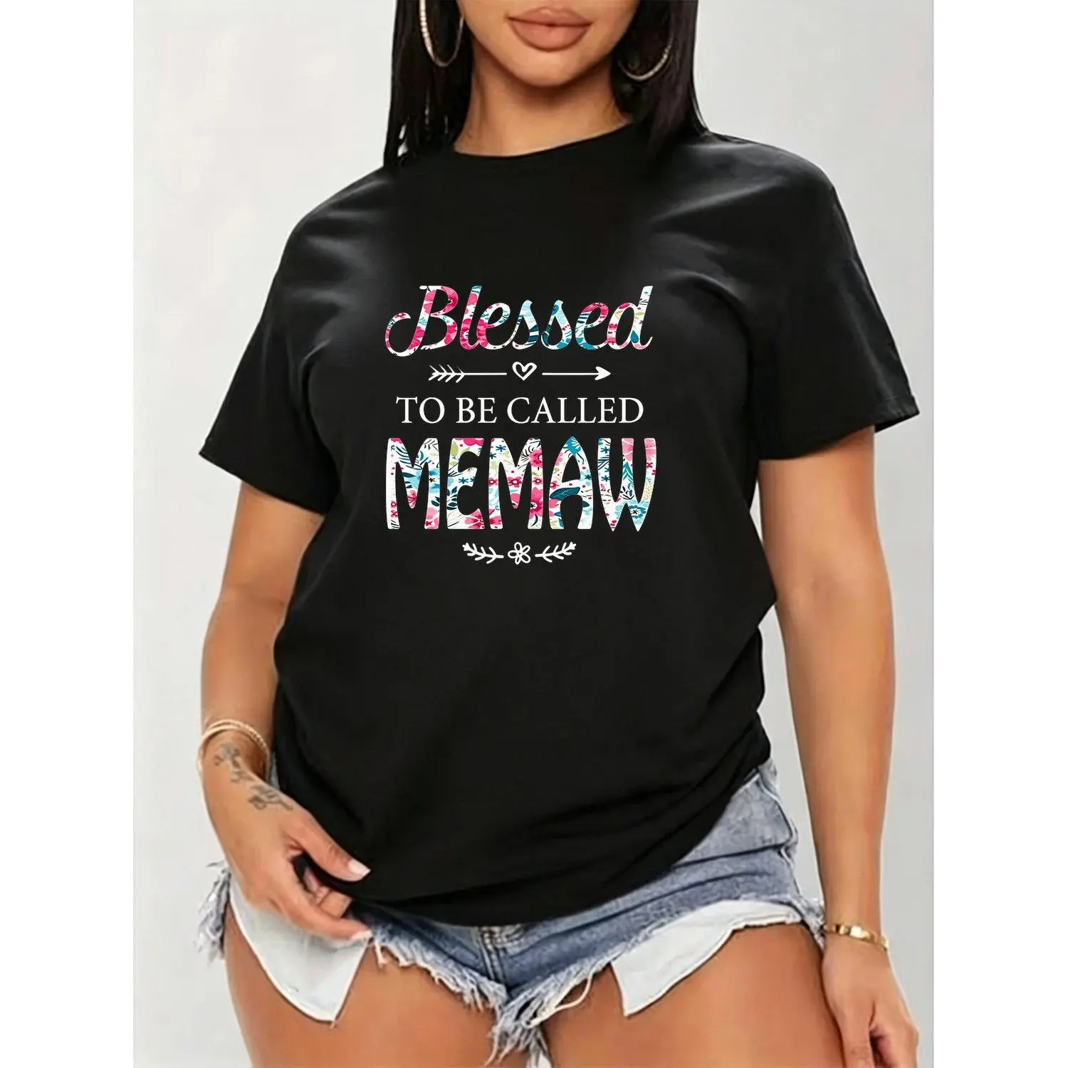 Blessed to Be Called Memaw TShirt Grandma Gift Idea with Colorful Floral Wreath Heart Print Casual Fit Women Tee Fashion Lovers Must Vacation Clothing