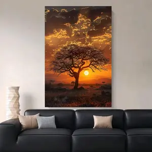 Framed Canvas 1pc African Savannah Sunset with Acacia Tree Canvas Art – Framed Modern Minimalist Wall Decor for Living Room, Bedroom, Office, Kitchen & Dining Room, Warm Orange Sky & Silhouetted Tree Design, Wood Frame, Office Artwork | Warm Sky Canv