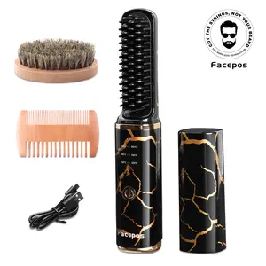 FACEPOS Wireless Heated Beard Straightener Comb for Men – Cordless Beard Brush with 3 Heat Settings, Anti-Scald Design + Bonus Beard Brush & Wooden Comb