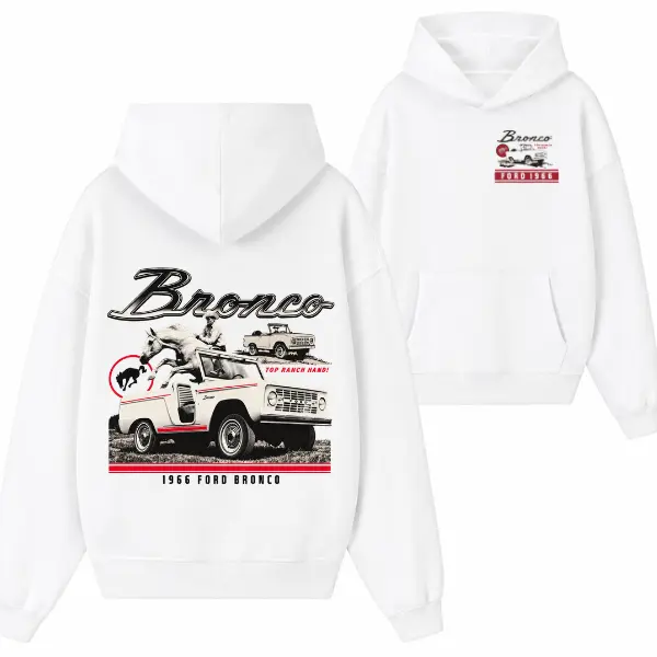 1966 Ford Bronco Hoodie – White Vintage Off-Road Graphic Sweatshirt, Classic 4x4 SUV Pullover for Bronco & Adventure Fans