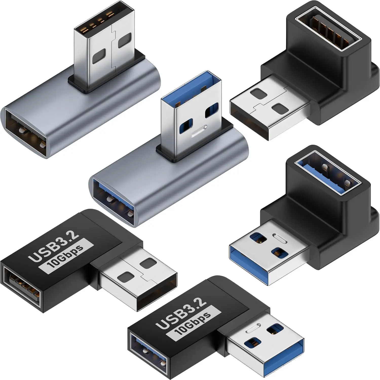 6 Pack 10Gbps USB 3.1 Male to Female 90-Degree Extension Adapters (Up, Down, Left, Right & 2 More Types) - 3A Charging Support for Mobile Electronics & Devices