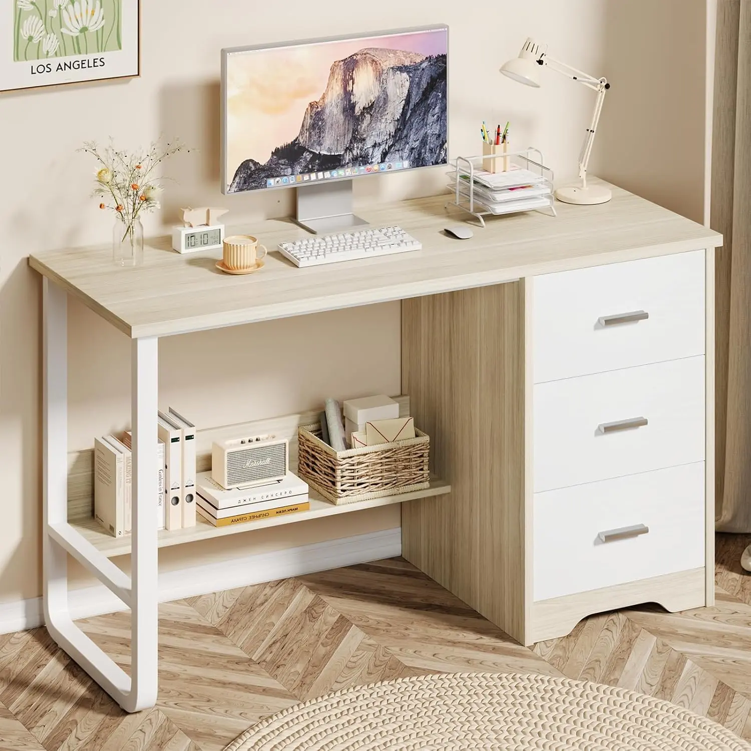 [SummerSale] HOMBCK Computer Desk with 3 Drawers, Small Desk with Storage for Bedroom, 47 Inch Workstation with Bottom Shelf and U Shaped Leg #home essentials#back to school