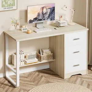 HOMBCK Computer Desk with 3 Drawers, Small Desk with Storage for Bedroom, 47 Inch Workstation with Bottom Shelf and U Shaped Leg