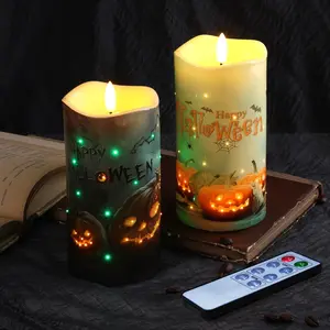 Fiber Optic Halloween Flameless Candles, Spooky Pumpkin LED Pillar Candles with Remote,  Operated, Set of 2
