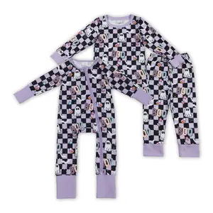Little Western Boutique | Halloween Boo Ghost Candy Purple Print Kids' Long-Sleeve Pajama Set & Infant Onesie - Ultra Soft & Cozy