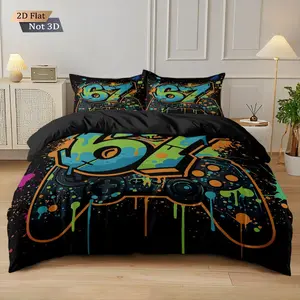 3PCS Digital 67 Stained Game Console Cover Set (1 cover + 1/2 pillow cover without pillow core), featuring seasonal home and dormitory gaming style digital printing, with a strong sense of technology and trendy fashion bedding Machine Washable Duvet Set