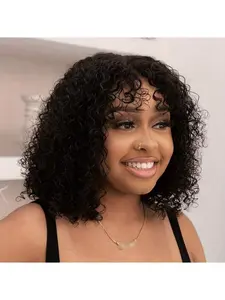 2x1 Transparent Lace Human Hair Bob Wig With Bangs Kinky Curly Glueless Wigs for Women Ready To Wear 180% Density Upgraded Realistic Scalp Short Curly Bob Wigs With Bangs Human Hair Natural Color for Daily Wear ,Parties ,Festival