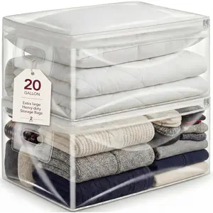 20 Gallon  Size Clear Storage Bags with Zipper, 2 Pack  (15.75 x 26 x 11.9 in) Transparent Plastic Bags for Clothes, Blankets, Quilts & Holiday Storage, Durable and