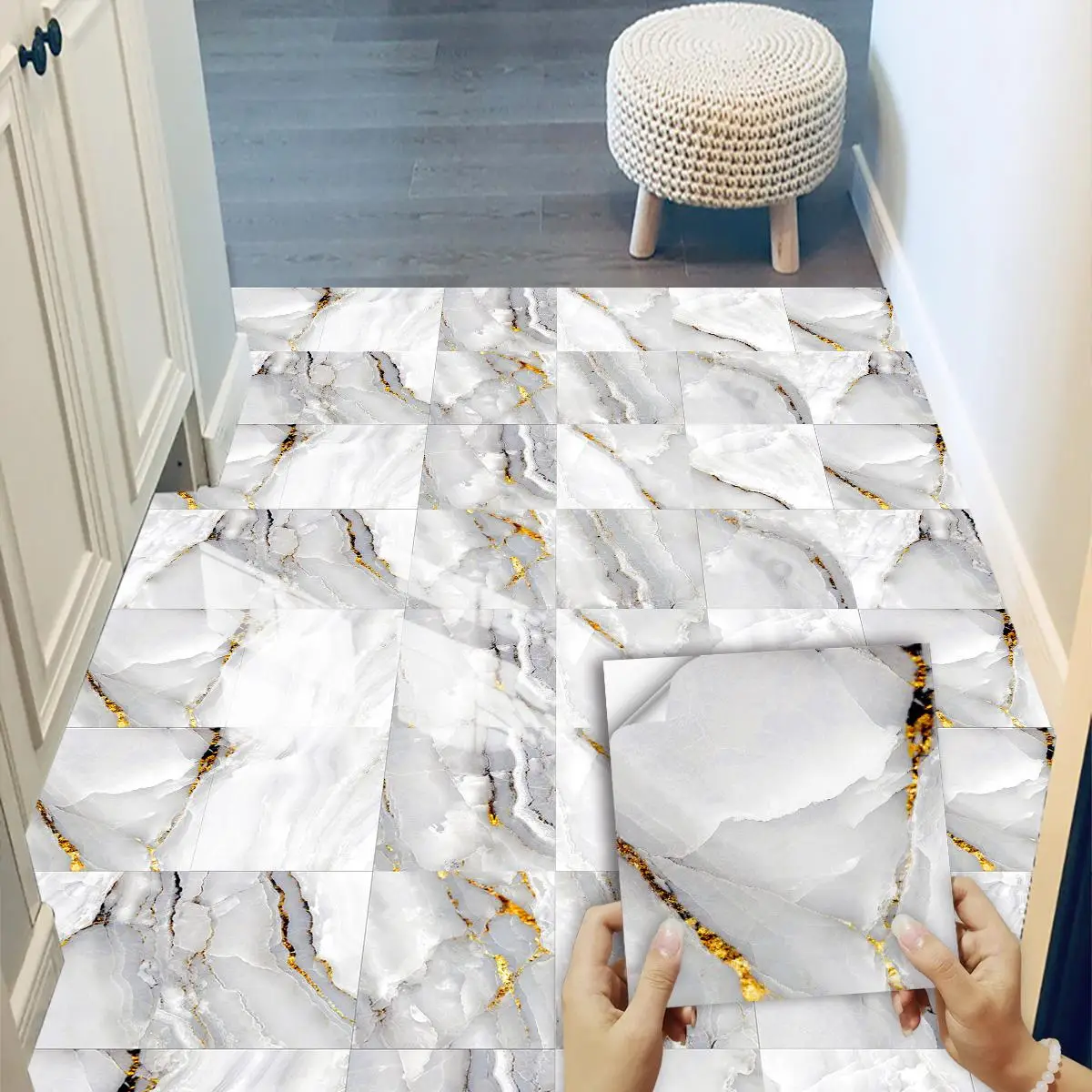 Marble Pattern Floor Sticker, 10pcs/set Self-adhesive Waterproof Floor Sticker, Decorative Tile Sticker for Home Kitchen Living Room, Home Decor