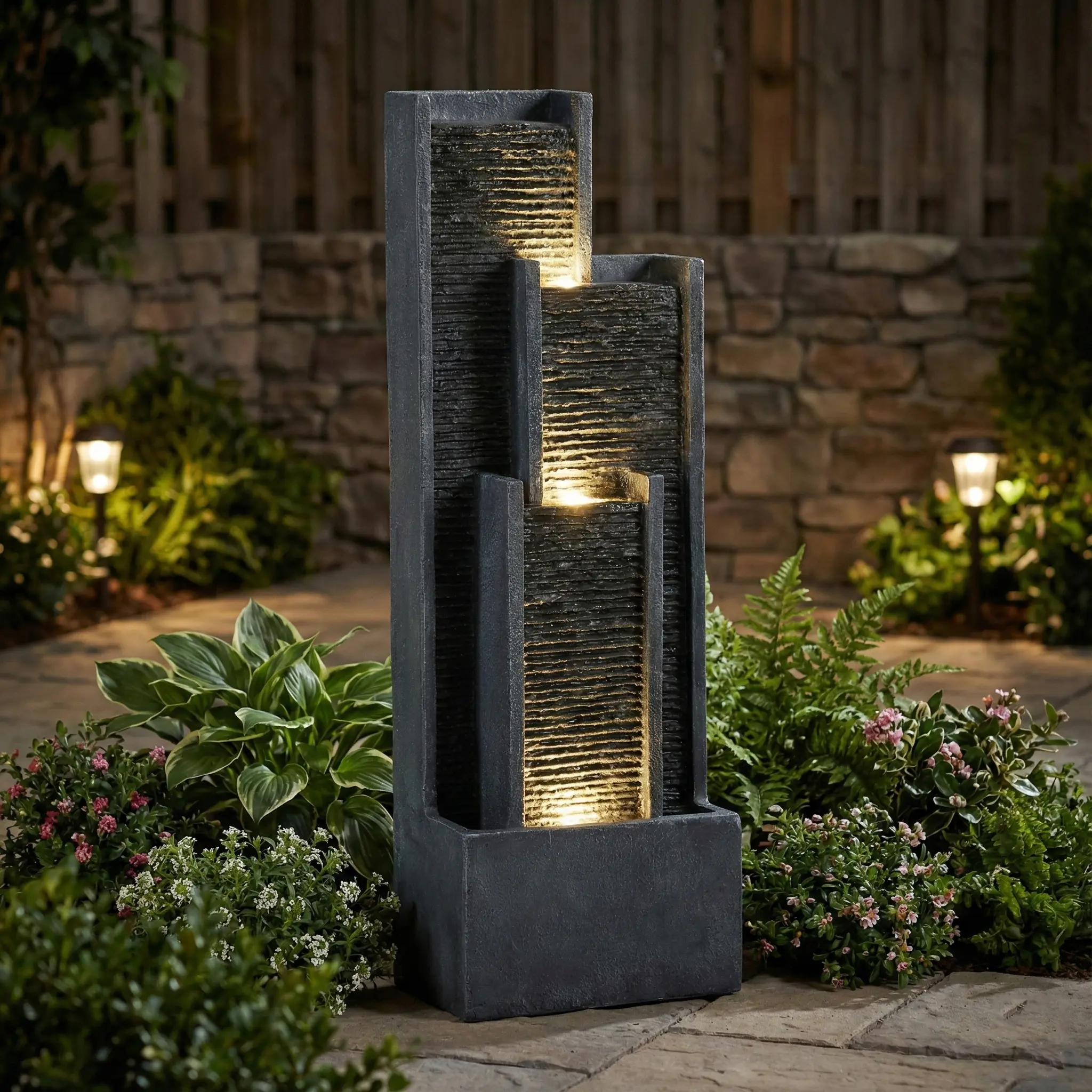 40-Inch Modern Floor-Standing Outdoor Water Fountain - Cascading Flow Garden Accessory with Contemporary Curves, LED Lights Relaxation Aid for Outdoor Porch, Backyard