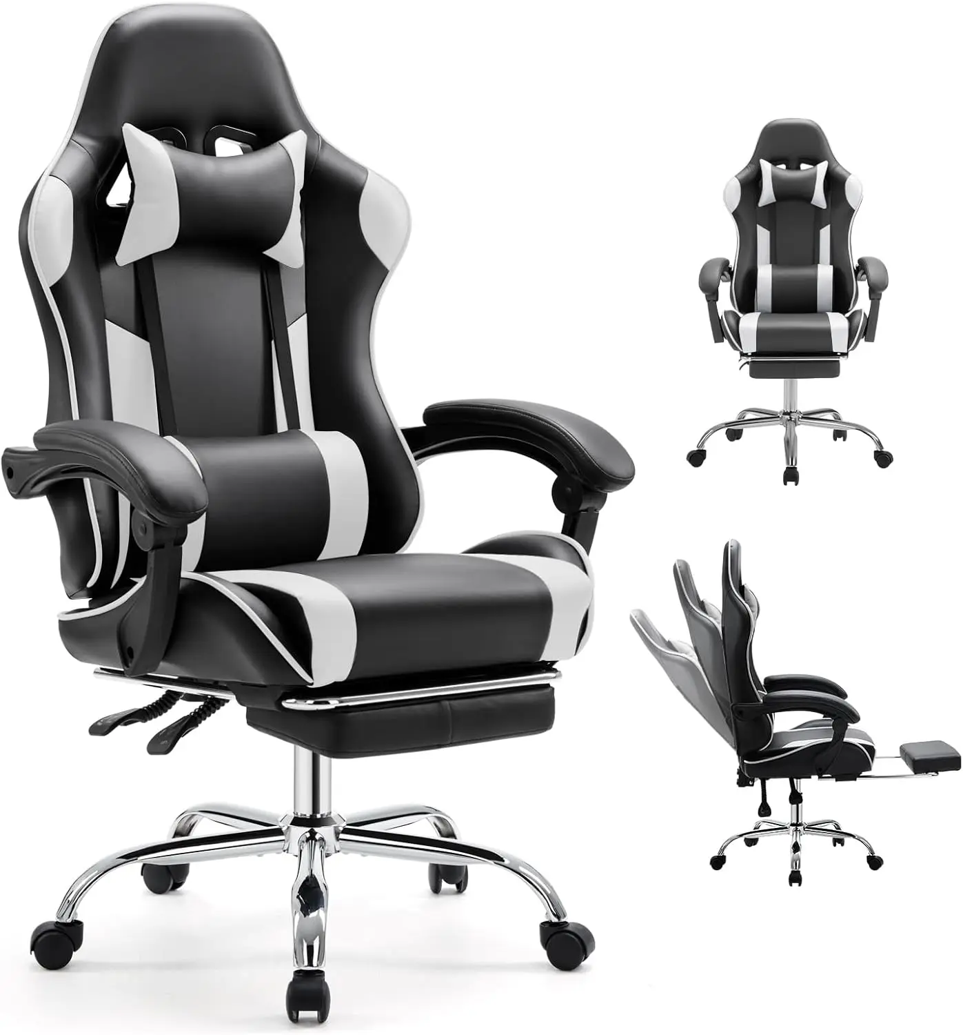 Ergonomic High-Back PU Leather Computer Gaming Chair - Adjustable Headrest, Footrest, Linkage Armrest - for Office, Home Use