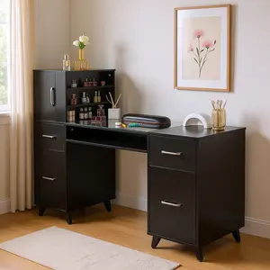 Manicure Table, Nail Makeup Desk with Glass Top, Wrist Rest, Beauty Salon Workstation for Spa Beauty Salon w/ 3 Side Cabinets+2 Removable Shelves