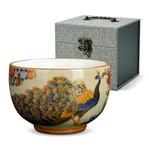 Hand-Painted Gold Gilded Peacock Tea Cup | Crackle Glaze Ge Kiln Chinese Kung Fu Tea Cup With Gift Box