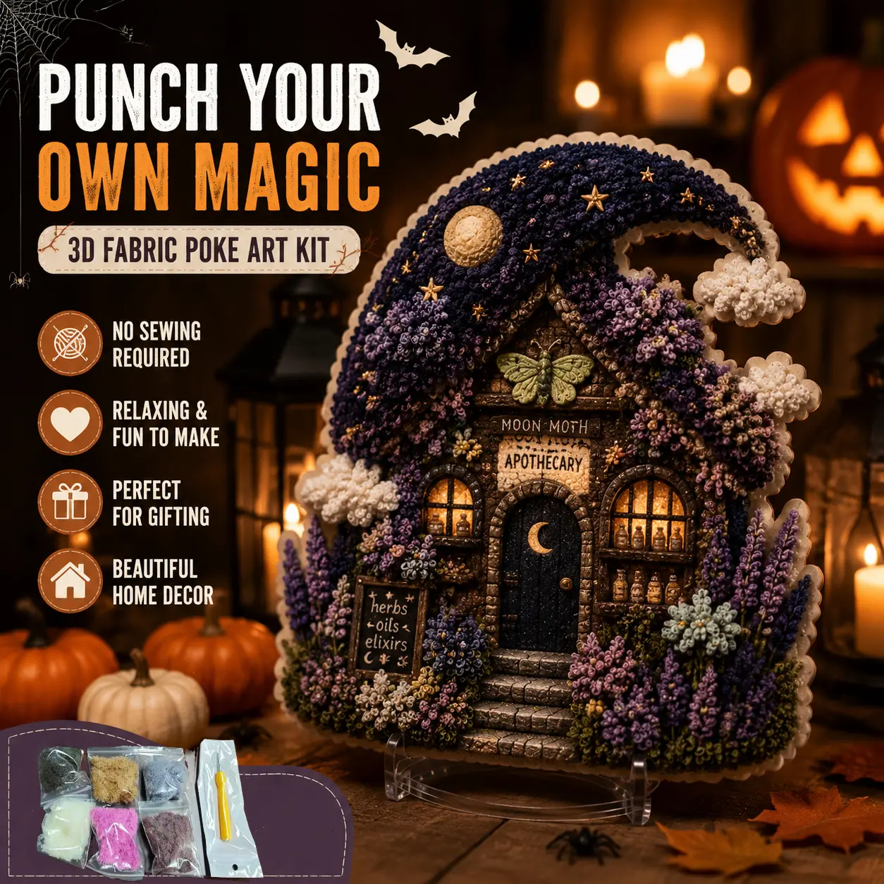 3D Fabric Poke Art Kit - Whimsical Village Floral Mushroom Cottage (Pumpkin Patch), Creative Synthetic Craft Set for Adult Beginners, Summer Handmade Hobby Gift & Home Decor-YY2