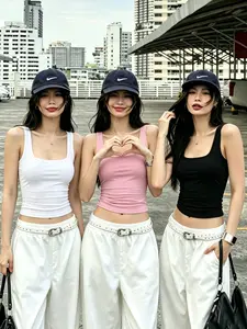 Women's Three-Piece Set, Multi-Color Square Neck Pleated Short Vest, High Elastic Slim Fit Sleeveless Tank Top, Chic Inner Wear Outerwear