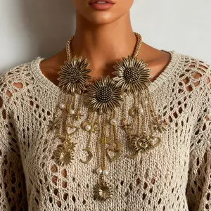 Vintage Bohemian, Unique Trendy Alloy Flower, Tassel Star Moon Chain Pendant