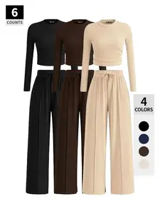 Women's 2-Piece Ribbed Knit Long Sleeve Crop Top & Wide Leg Pants Matching Lounge Set, Casual Loose-Fitting All-Season，Top-selling items, limited-time discounts, finest quality Clothes Fabric(Rain Shoes)