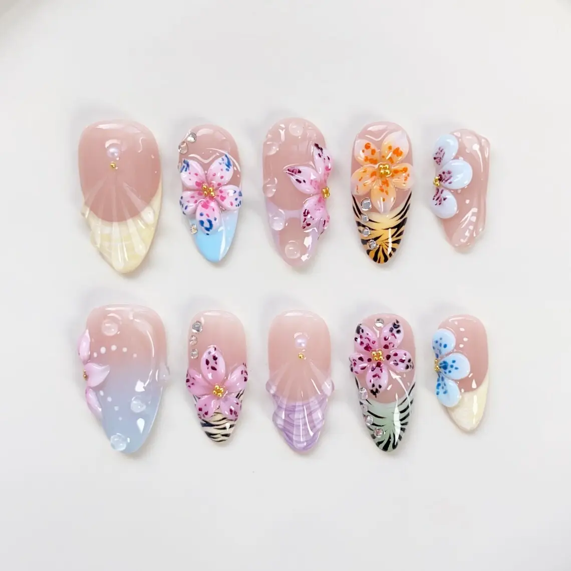 Summer Bloom Flower Press on nails short almond nails/3D Flower Nails/Leopard Nails/Zebra print nails/Yellow nails/Holiday Nails/Purple Nail