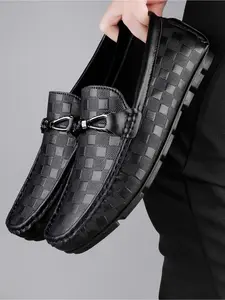 Men's Slip-On Flat Leather Solid Color Loafers, Fashionable Plaid Comfort Shoes, Formal & Casual Wear, All-Season Versatile Lightweight Men's Footwear