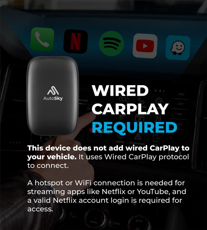 AutoSky Ai Box Lite Air - Wi-Fi and Bluetooth Connectivity, For iPhone & Androids, Requires Wired Apple CarPlay, Expandable Storage with Youtube & Netflix