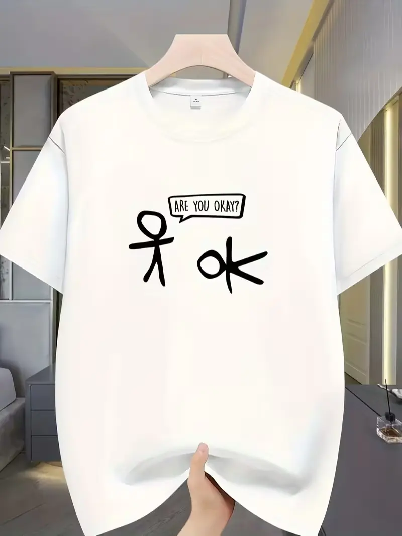 "Are You Okay?" Line Drawing T-Shirt - Casual Short Sleeve Round Neck Tee with Random Concerned Face Print - Lightweight Stretch Knit for All-Season
