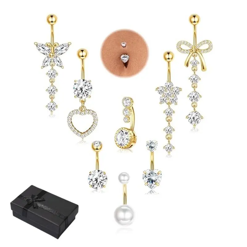 Women's 8-Piece 14G Stainless Steel Belly Rings Set - Hypoallergenic Body Jewellery, Chic Body Jewelry with Barbell, CZ, Opal & Pearl Designs, Mix Match Surgical Steel Navel Piercing with Gift Box
