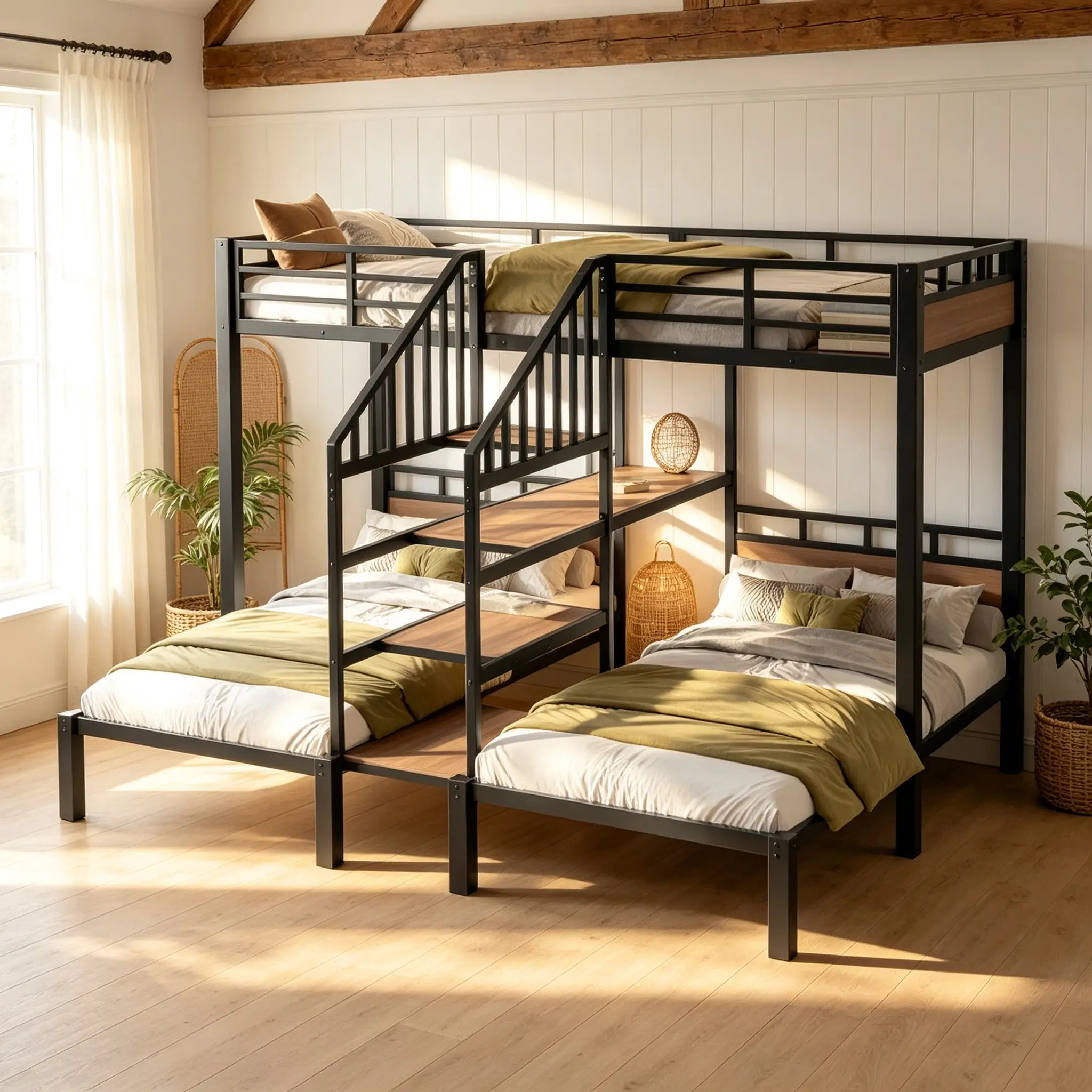 Black Triple-Tier Metal Bunk Bed Frame (3 Twin Beds), with Storage Stairs, Built-In Storage Shelves, Full Safety Guardrails, Heavy-Duty Metal Slat Support, Noise-Reduced Structure, No Box Spring Needed for Kids Bedroom, Guest Room