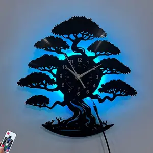 Vintage Tree Theme LED Vinyl Record Wall Clock - Silent Night Light, Modern Rustic Wall Decor for Home Office Cafe, Unique Birthday & Housewarming Gift, Battery Not Included