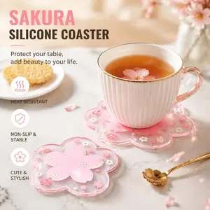 Kawaii Pink Sakura Blossom Silicone Coaster Insulated Table Mat Coffee Tea Cup Pad Home Decoration Festival Gift
