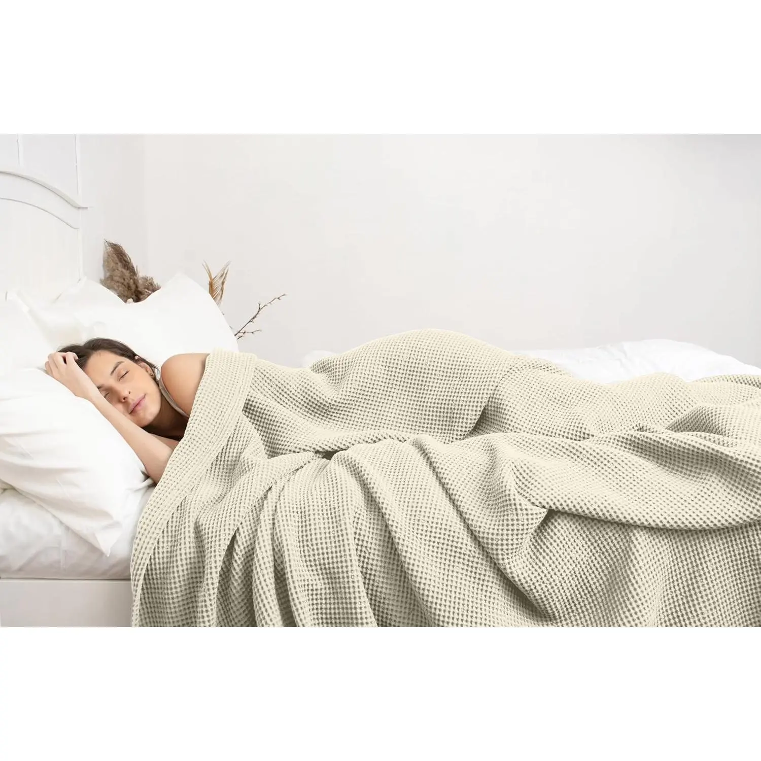 Cotton Waffle Bed Blanket - 104"x90" Lightweight, Breathable, Soft Waffle Weave Blanket for 3-Season Use (Beige)