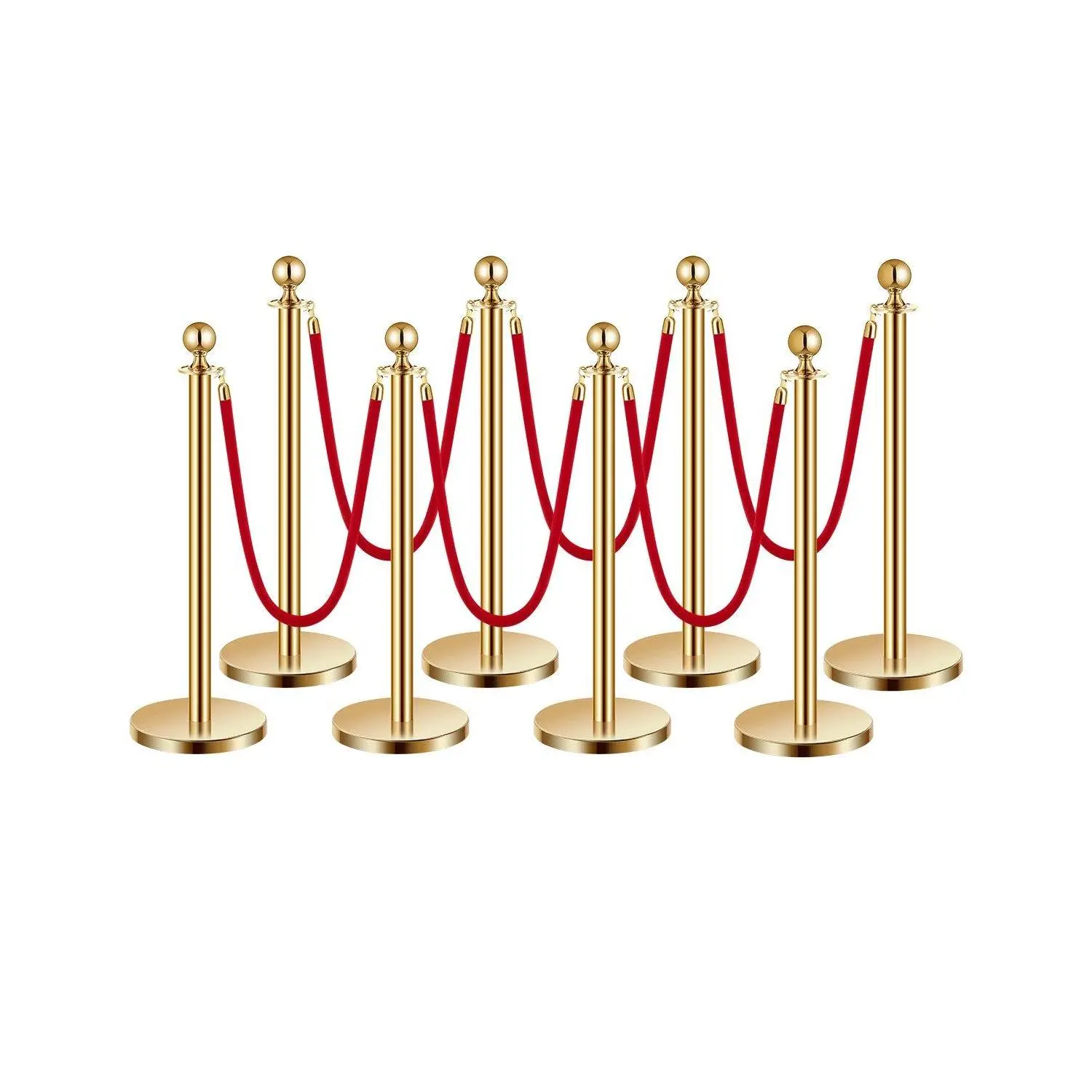 【BackToSchool】VEVOR 8-Piece Multi-Functional Stainless Steel Crowd Control Stanchions Set - Secure, Flexible, Easy to Install, 7.72 lbs Hollow Base, 6 Red 4.92 ft Velvet Ropes, Gold Posts, Detachable Runners for Party, Gifts, Home Supplies