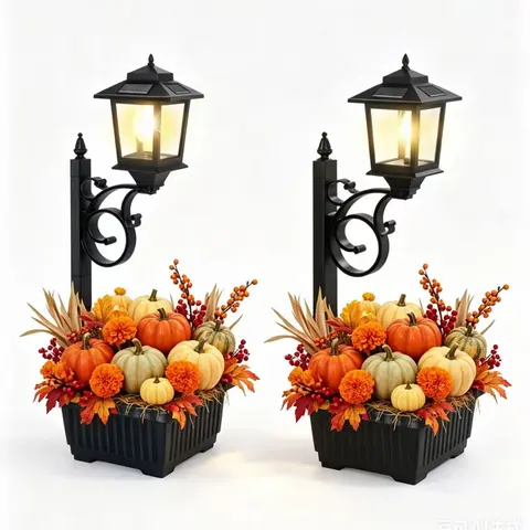 Hoodink 1/2 Pcs 2-in-1 Planter + Light Solar Lamp Post, Outdoor Waterproof Solar Garden Lights, Auto-On Sensor, IP44 Rating Handles Outdoor Weather, Mounts on Wall-Spikes-Flat Surfaces, Bulb-Swap Compatible, Christmas Decor with Drain Hole