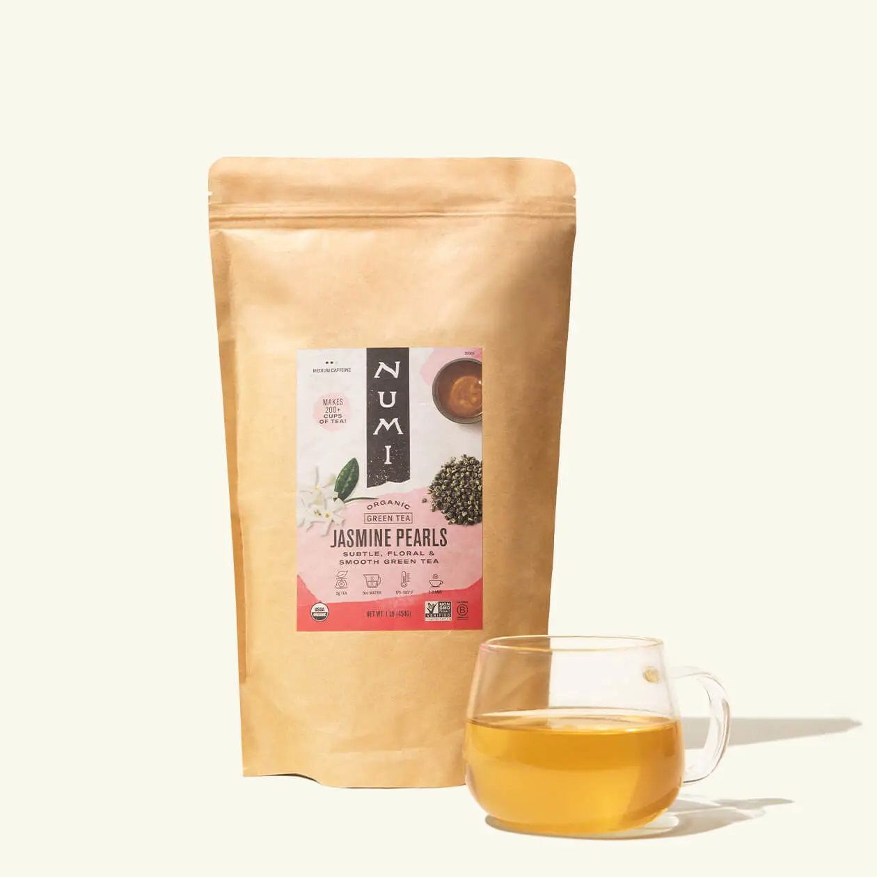 Numi Jasmine Pearls Loose Tea - Hand Rolled Green Tea with Fresh Jasmine Blossoms - Sweet Aromatic Flavor - 200 Cups per Bag