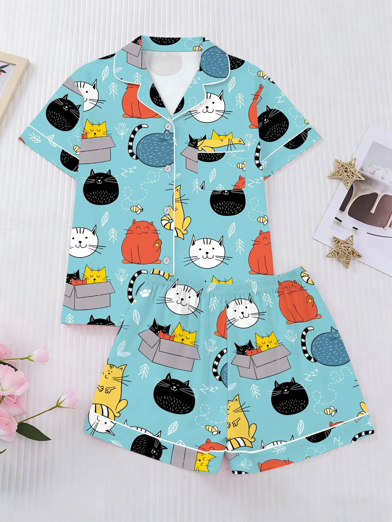 Women's Sleepwear Set, Short Sleeve Button-Up Top with Shorts, Soft Fabric, Cartoon Print Stand Collar, All Season Wear Pajama Pjs Loungewear, Aesthetic