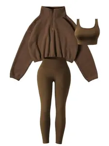 2026 3-Piece Set Sports OutfitFor Women, Soft Knit Fabric, High-WaistedPants And Sports Bra, Half-Zip Plush Jacket,Fitness Set For Fall & Winter sportswear sporty style