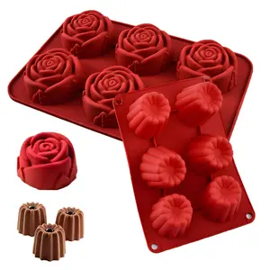 2pcs Silicone Rose Flower Cake Molds for French Cannele and Mousse, Decorative Silicone Petite Cylinder Molds for Desserts and Puddings, Reusable Mold