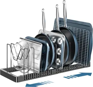 Expandable Pots and Pans Organizer Under Cabinet, Pot Lid Organizer with 10 Adjustable Compartments, Pan Rack for Lids Bakeware Kitchen Storage