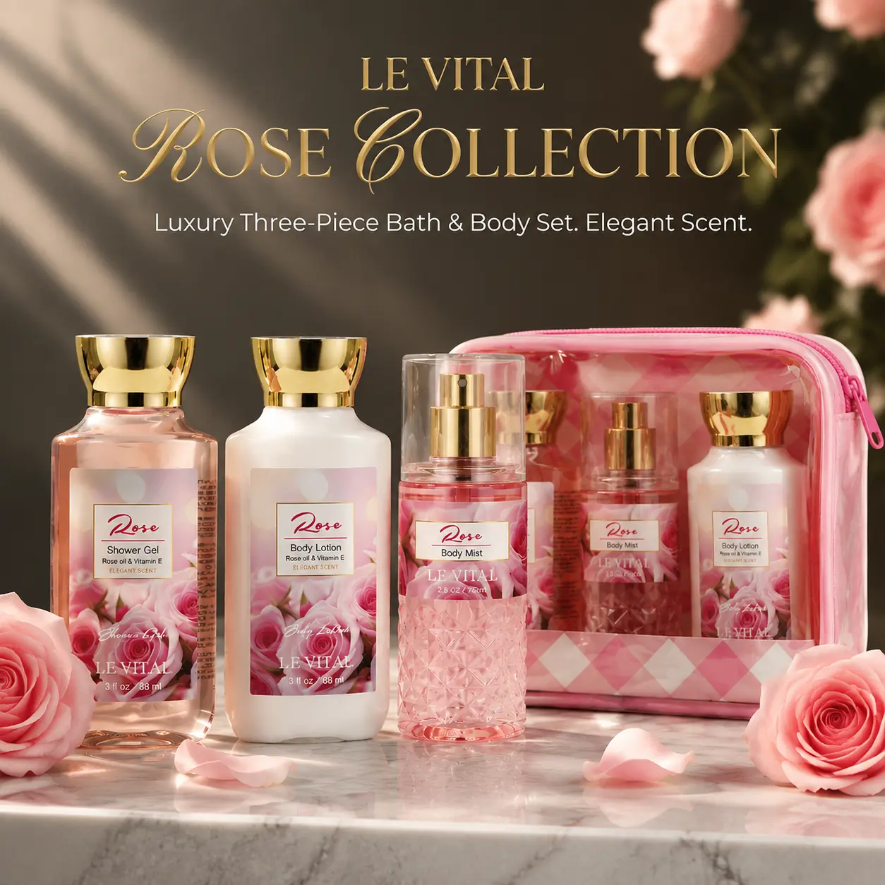 Le Vital Women's 3-Piece Rose Scent Body Care Gift Set - Luxury Rose Travel Mother’s Day Kit with Lightweight Moisturizing Lotion, Shower Gel, Body Mist & Pouch, Moisturize, Valentine’s Day, All Skin, Set With Bag, Adults, Fragrance, Cosmetic