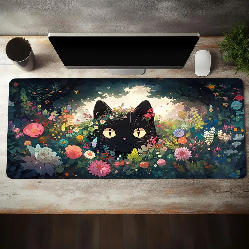 Flower & Black Cat Pattern Mouse Pad, 1 Piece Modern Fashion Mouse Pad, Extended Aesthetic Keyboard Mouse Pad, Desk Mouse Pad for Home Office School,