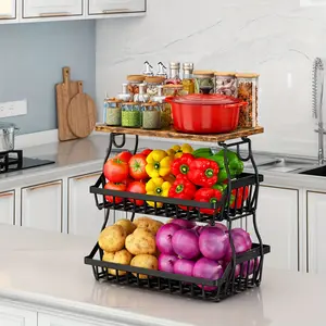 3 Tier Fruit And Vegetable Basket, Fruit And Vegetable Storage Cart, Wire Storage Basket For Onions And Potatoes, Fruit Bowl, Black Organiser Racks